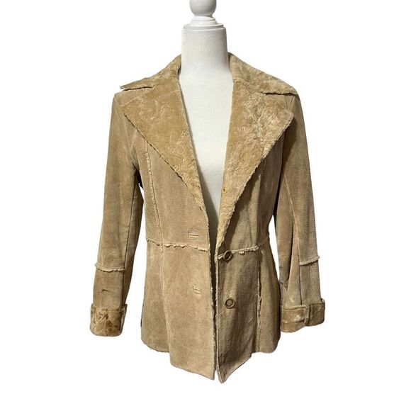 GUESS Leather Suede Jacket Size Small Fur Collar Single Breast - Picture 7 of 12